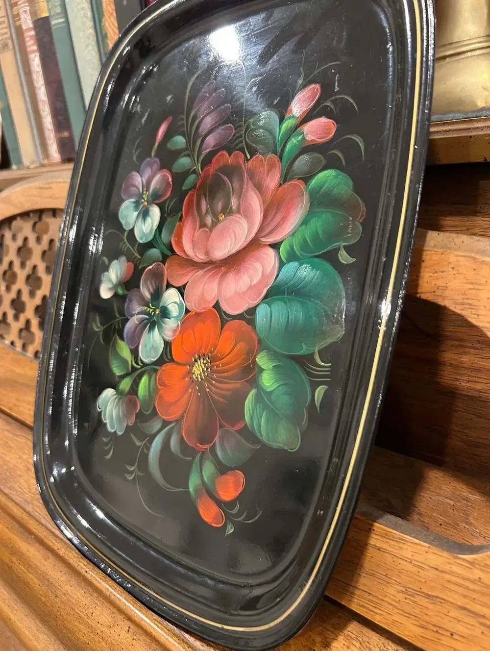 Vintage USSR Soviet Hand Painted Metal Floral Serving Tray